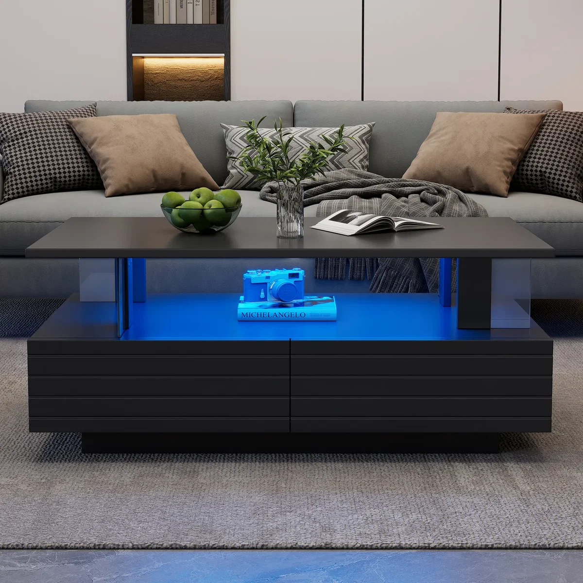 Coffee Table with Open Storage, 2 Drawers and LED Lights - Black – image 3