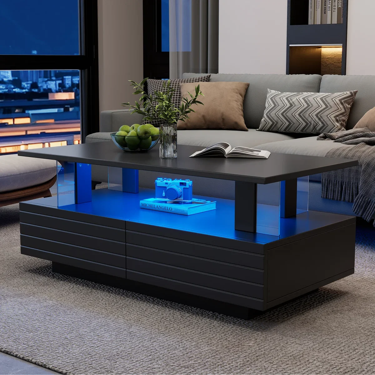 Coffee Table with Open Storage, 2 Drawers and LED Lights - Black – image 4