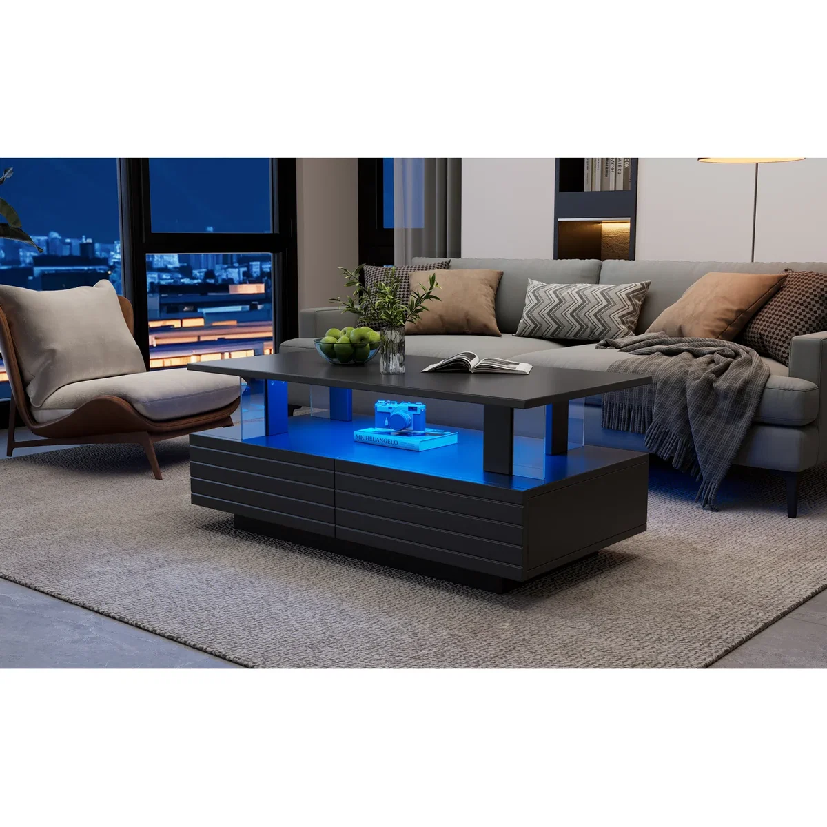 Coffee Table with Open Storage, 2 Drawers and LED Lights - Black – image 5