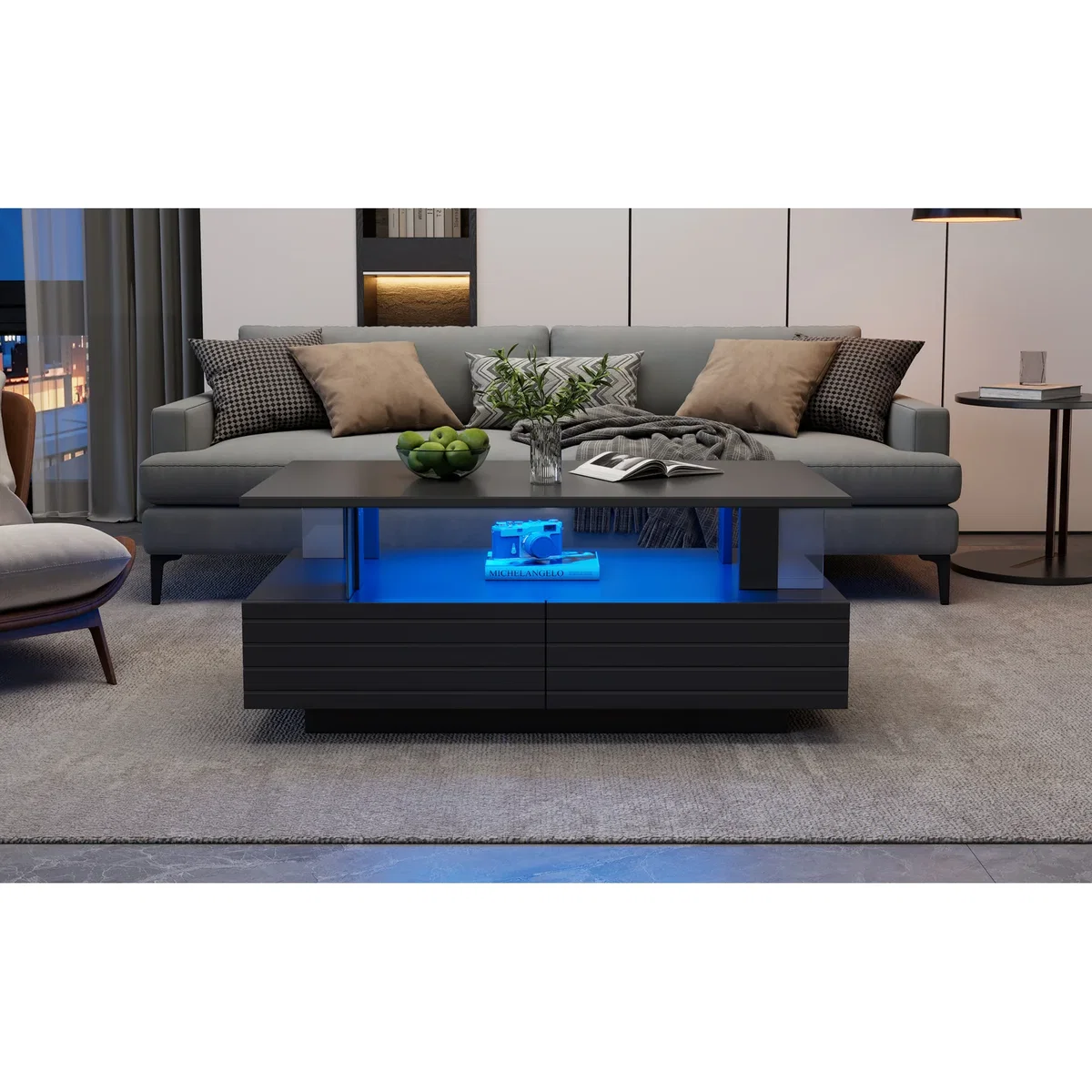 Coffee Table with Open Storage, 2 Drawers and LED Lights - Black – image 6