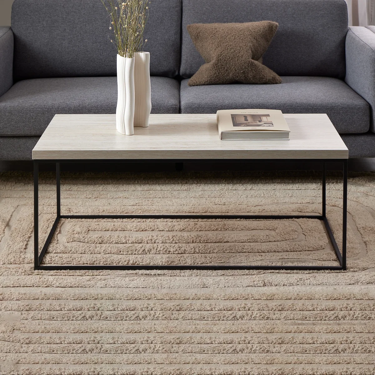 Barossa Coffee Table with Travertine Rough Paper Top & Black Powder Steel Base 110x55x45cm - Travertine – image 1