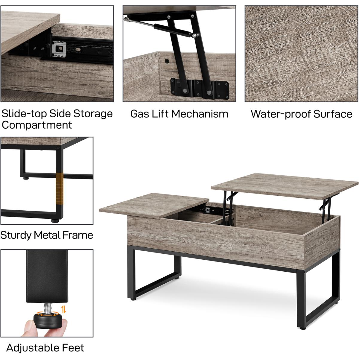 Split Lift-top Coffee Table with Side Drawer - Grey – image 3