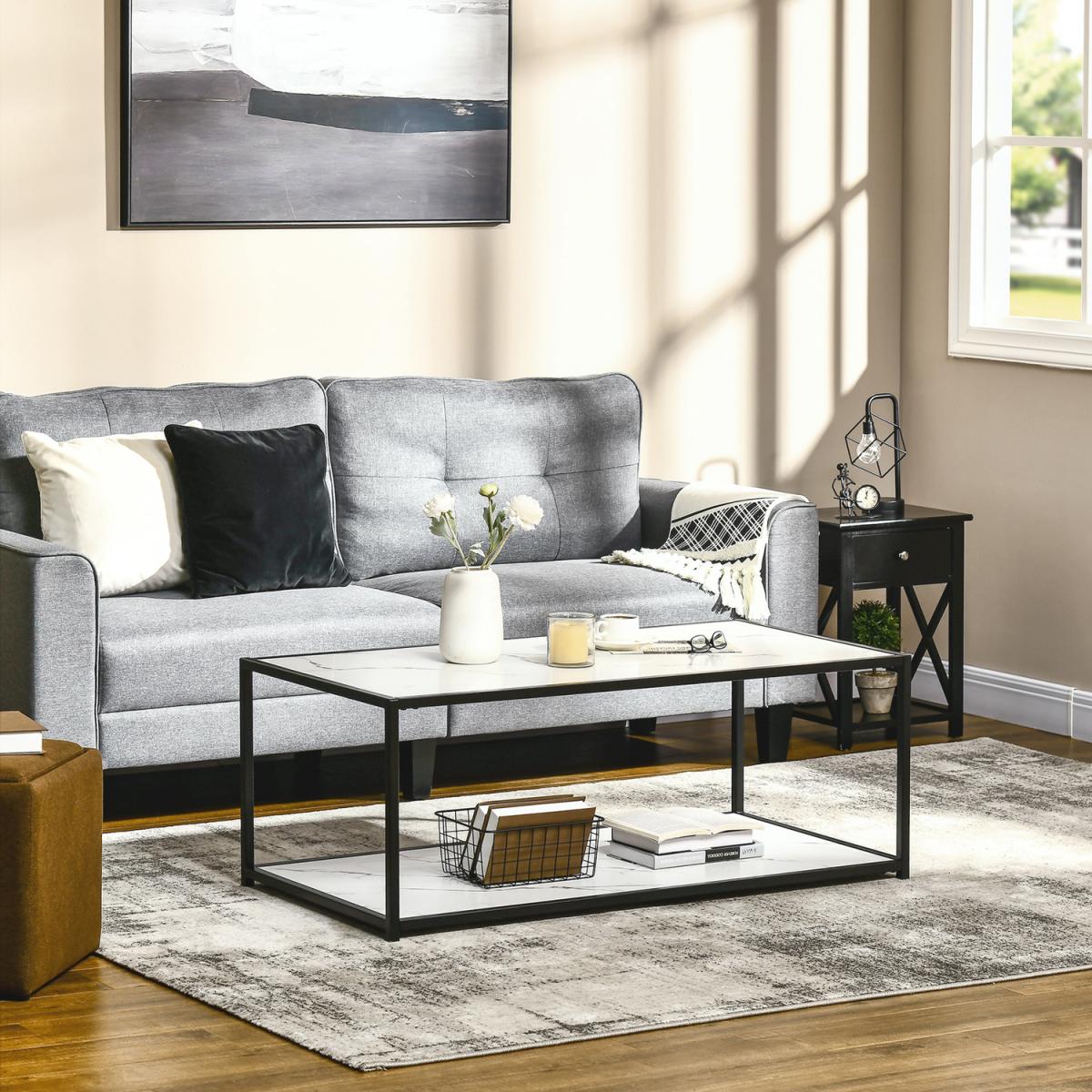 Modern Coffee Table Two-Tier Cocktail with Faux Marble Top - White – image 2