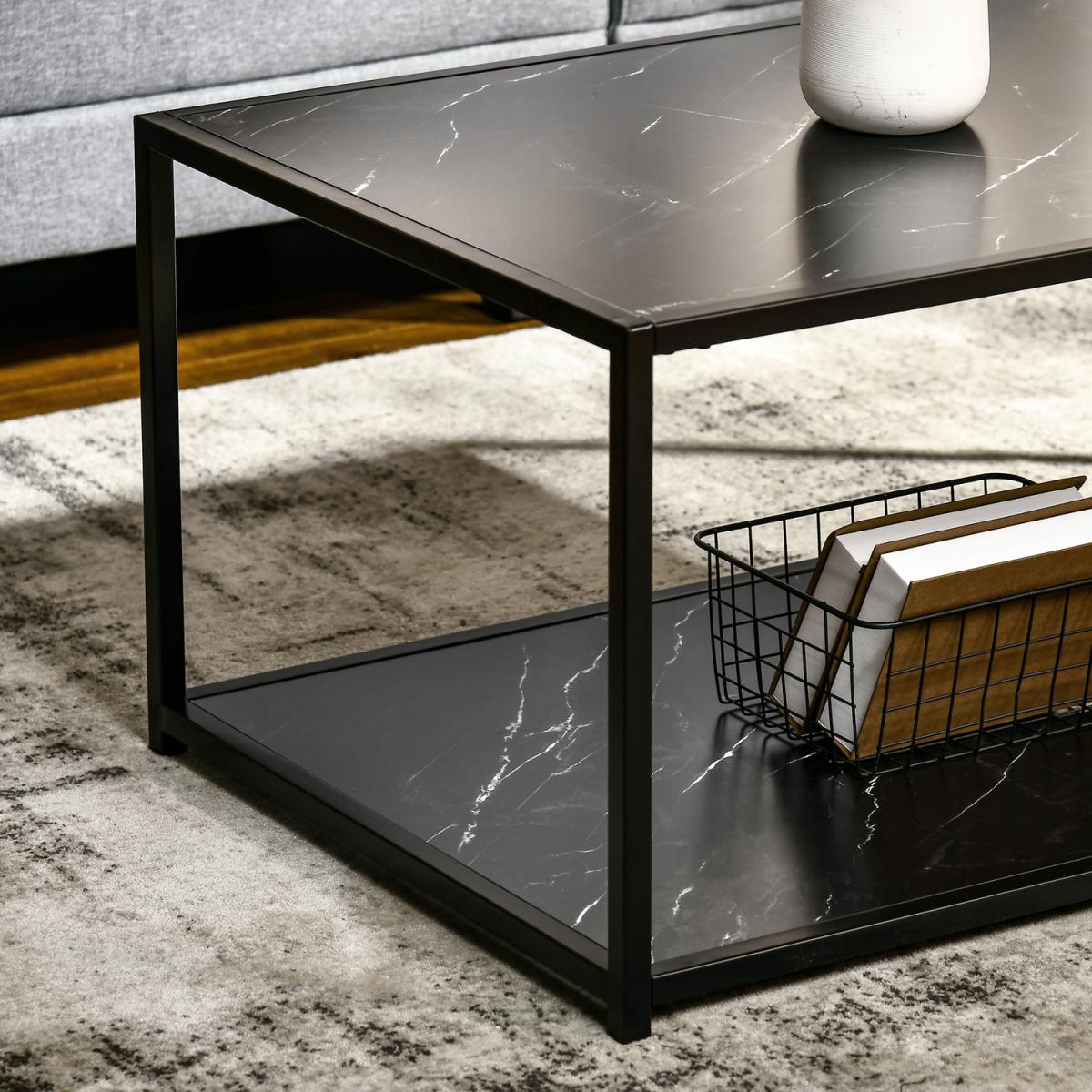 Modern Coffee Table Two-Tier Cocktail with Faux Marble Top - White – image 12
