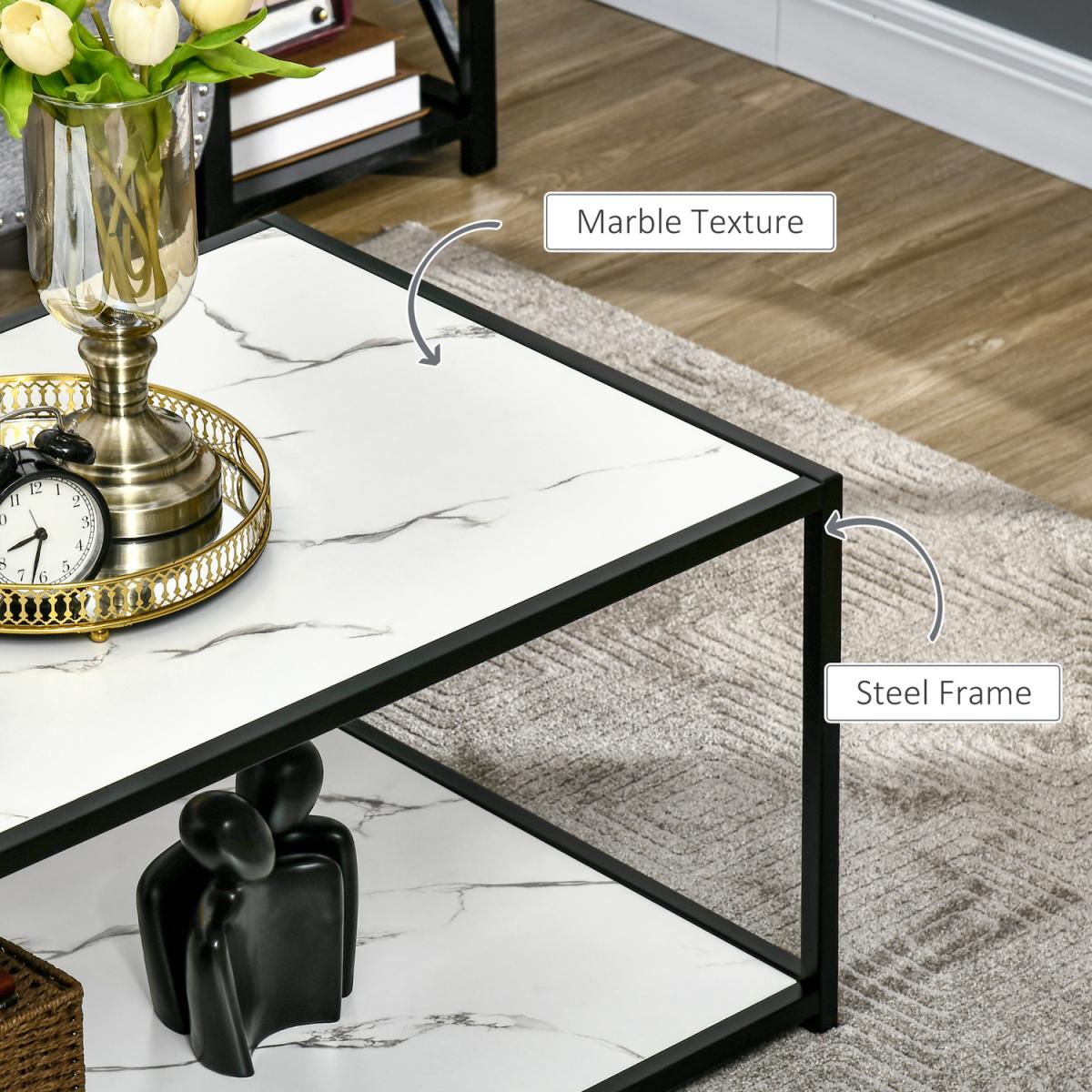 Modern Coffee Table Two-Tier Cocktail with Faux Marble Top - White – image 5