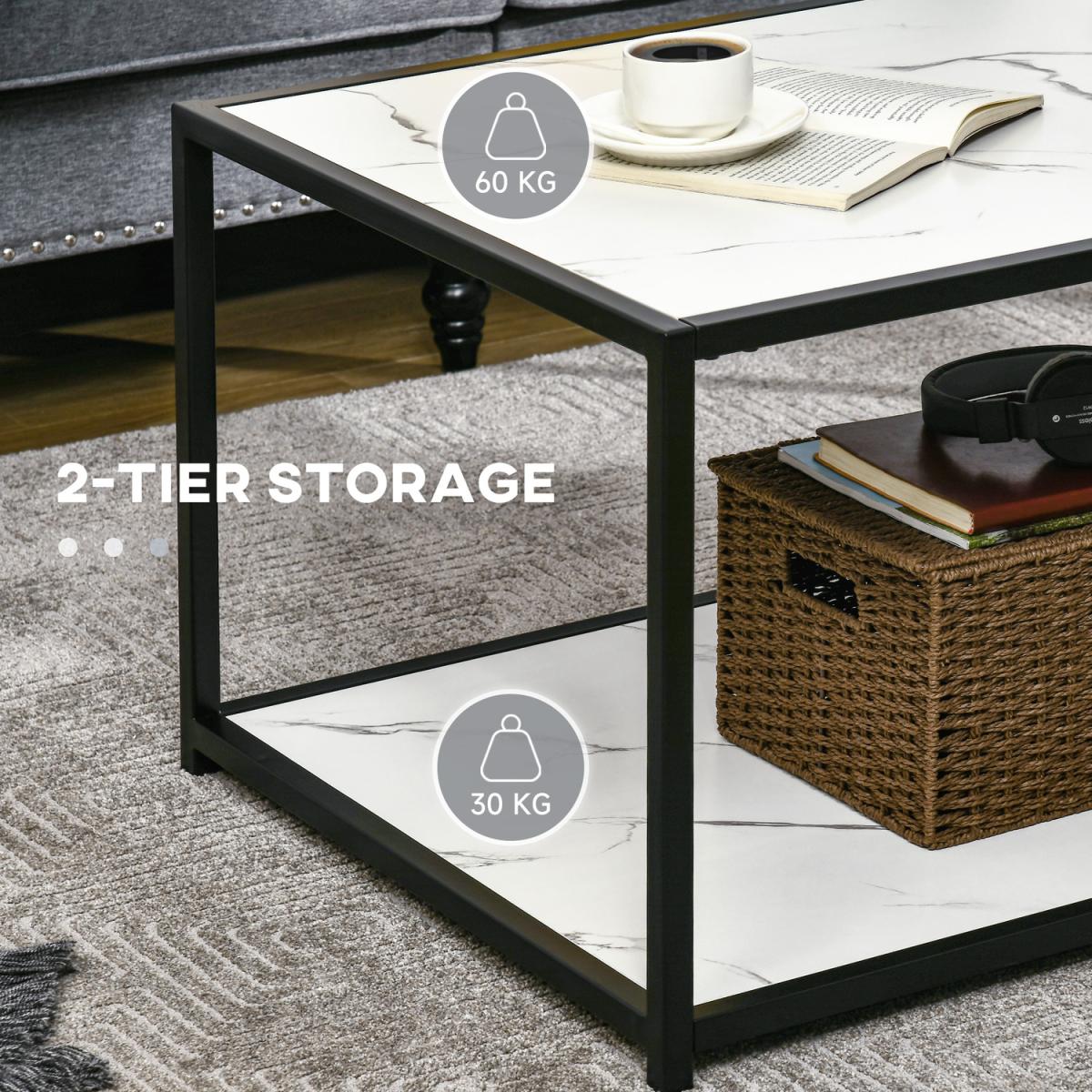 Modern Coffee Table Two-Tier Cocktail with Faux Marble Top - White – image 6