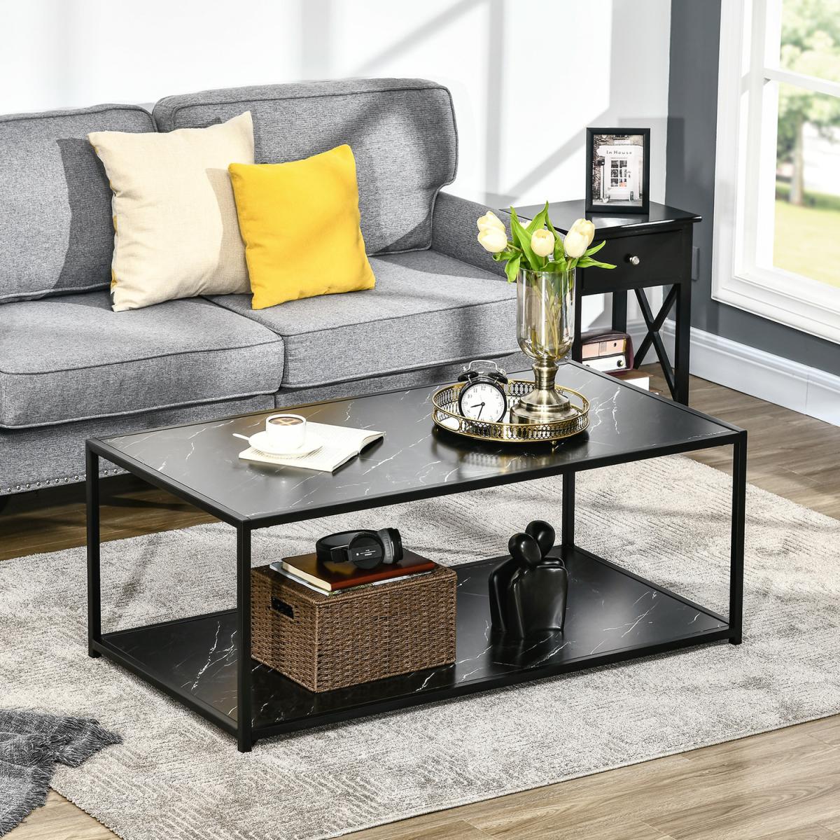 Modern Coffee Table Two-Tier Cocktail with Faux Marble Top - White – image 7