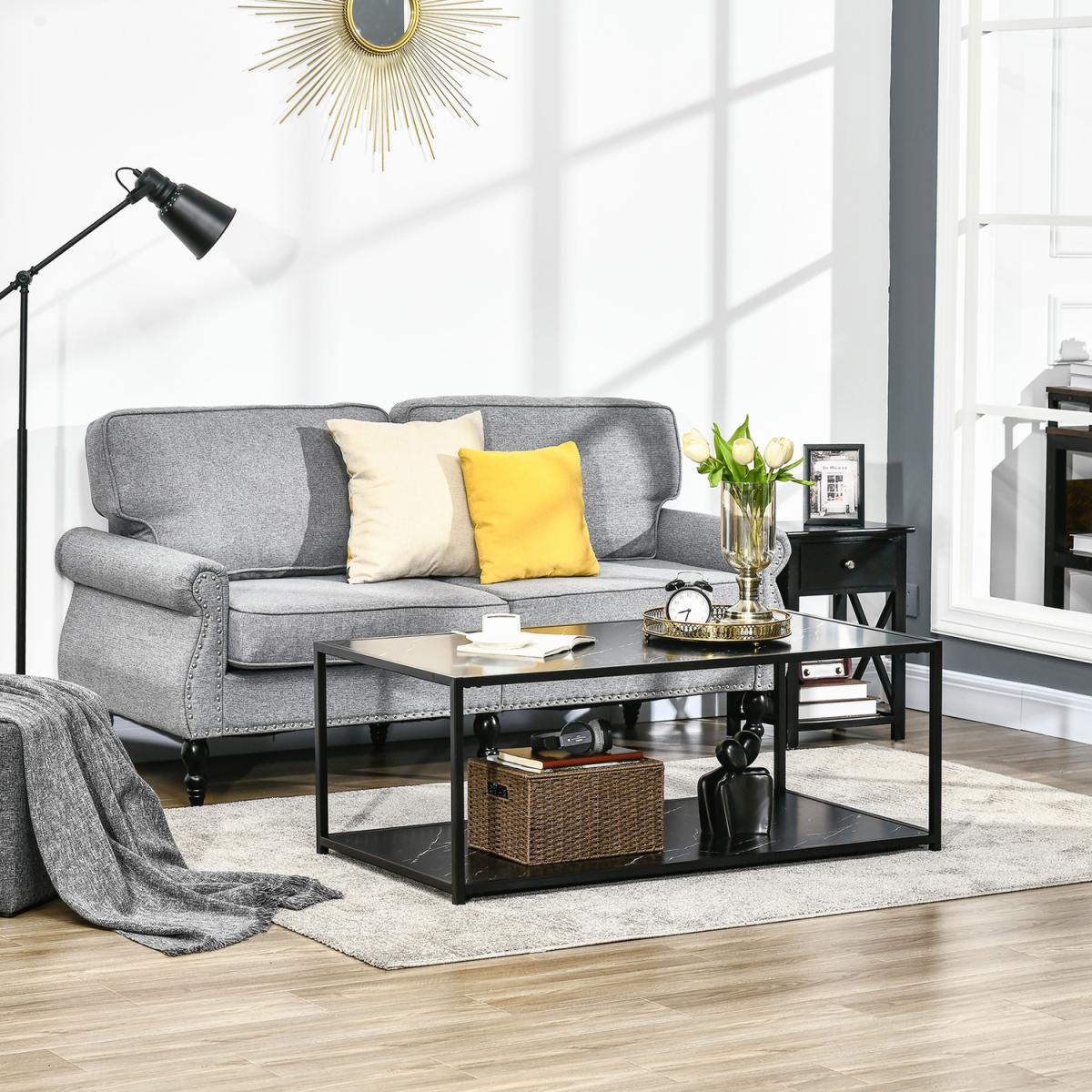 Modern Coffee Table Two-Tier Cocktail with Faux Marble Top - White – image 8