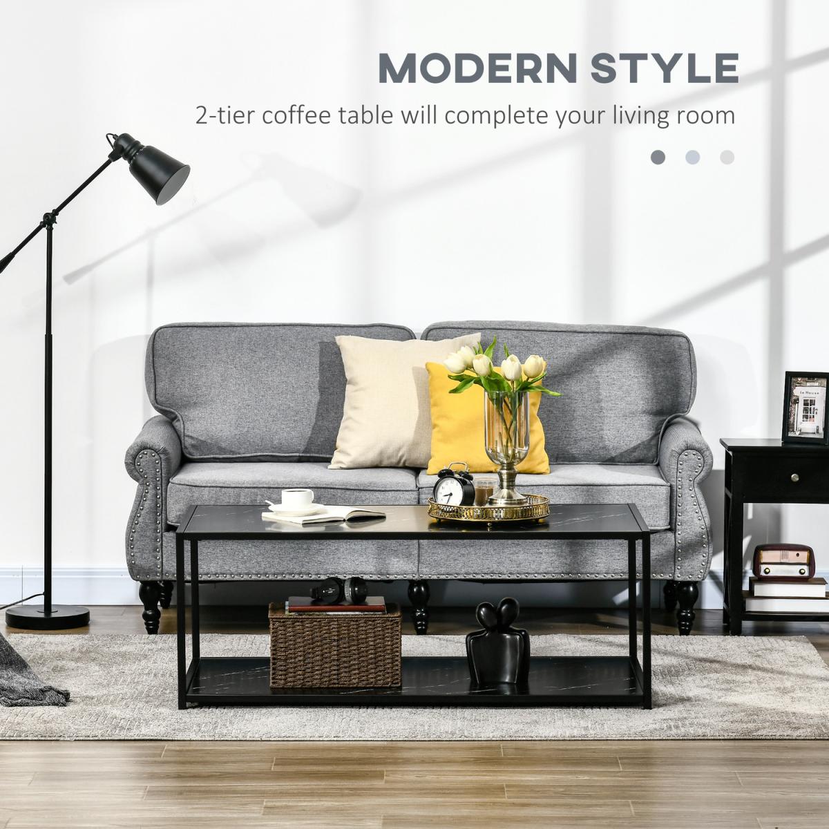 Modern Coffee Table Two-Tier Cocktail with Faux Marble Top - White – image 9
