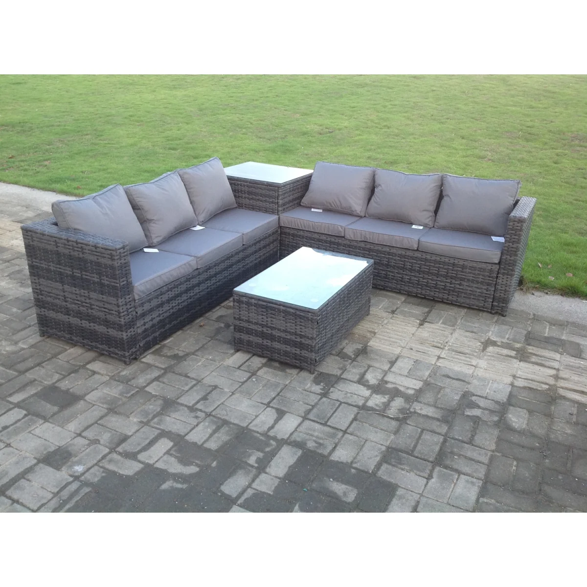 Grey Rattan Corner Sofa Oblong Coffee Table Patio Cushions – image 2
