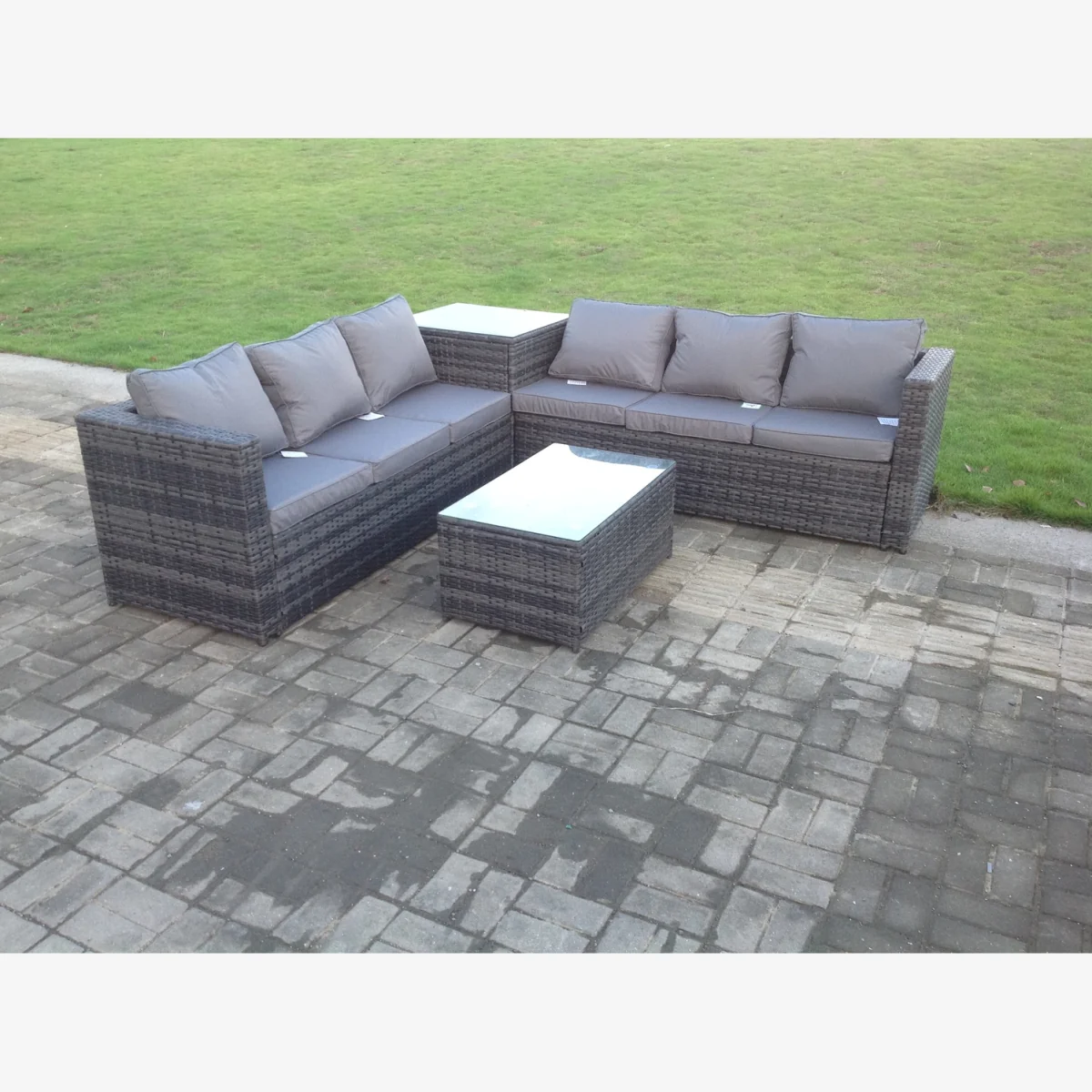 Grey Rattan Corner Sofa Oblong Coffee Table Patio Cushions – image 1
