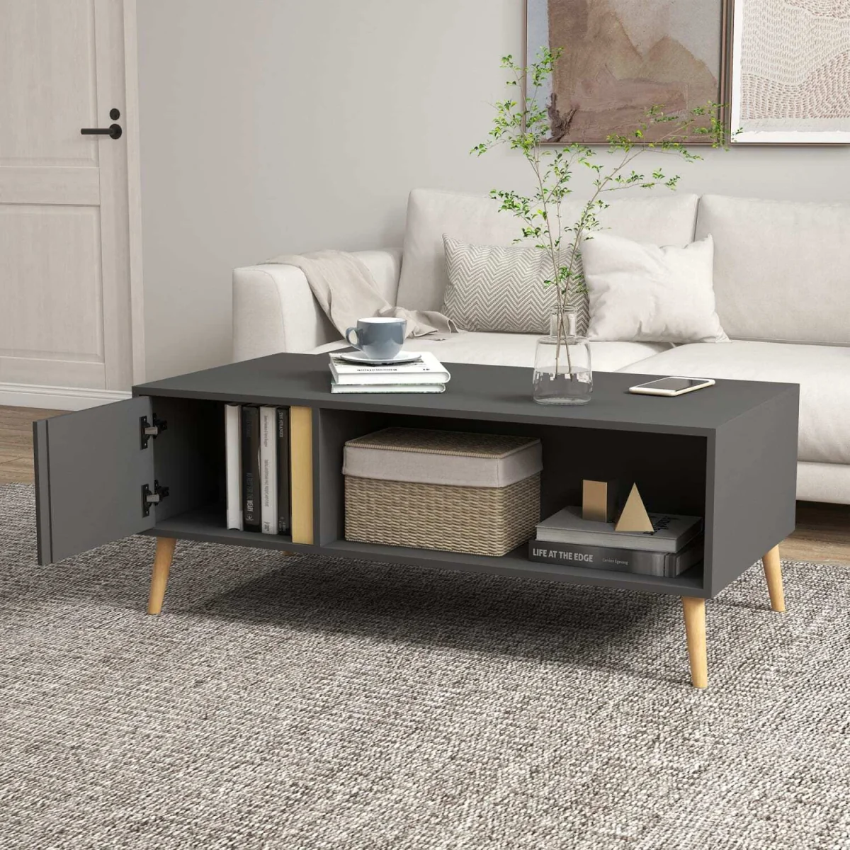 Panedi Grey Rectangular Coffee Table with Storage Compartments and Cabinets – image 8