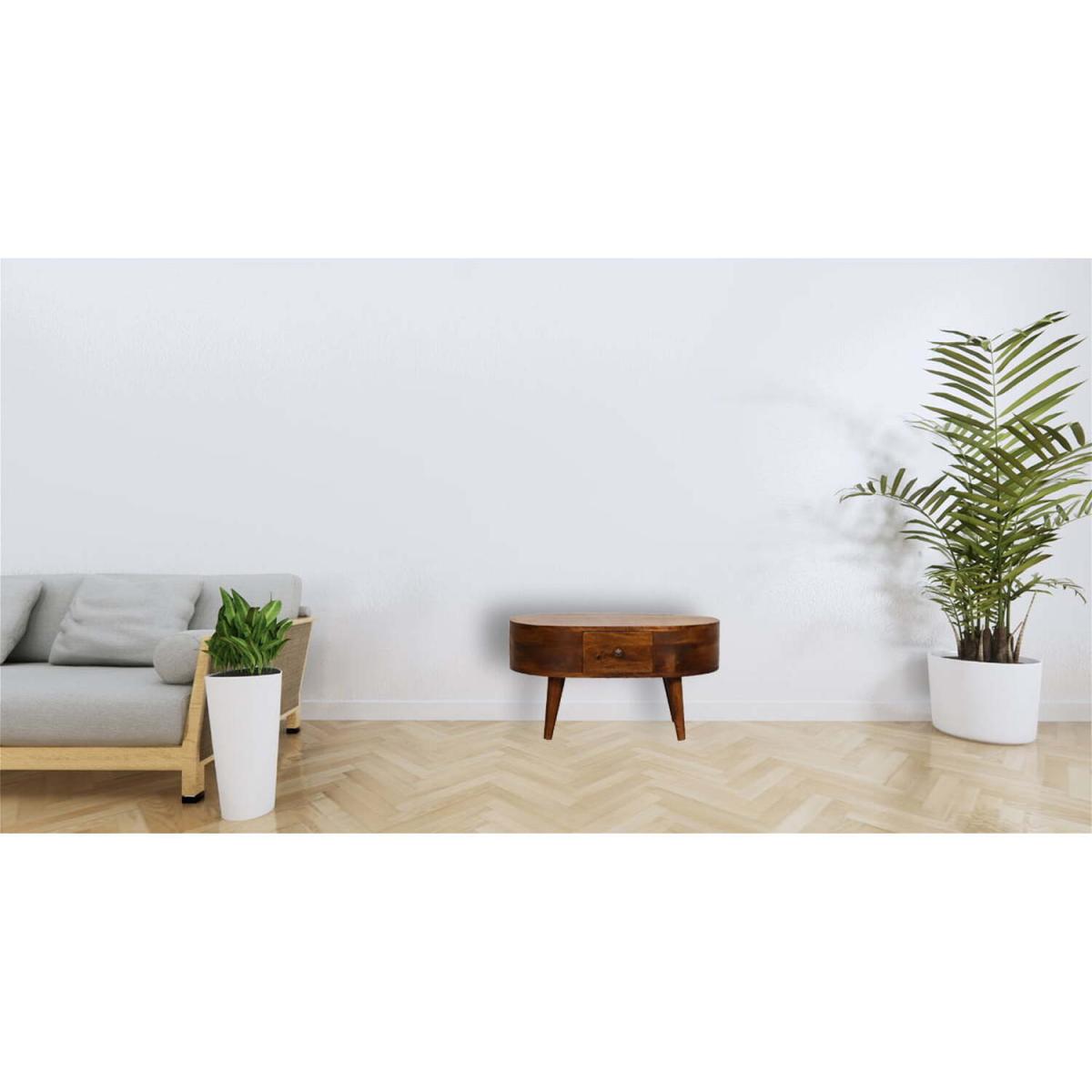 Artisan Stylish Mini Chestnut Wood Rounded Coffee Table With Drawer - Brown – image 4
