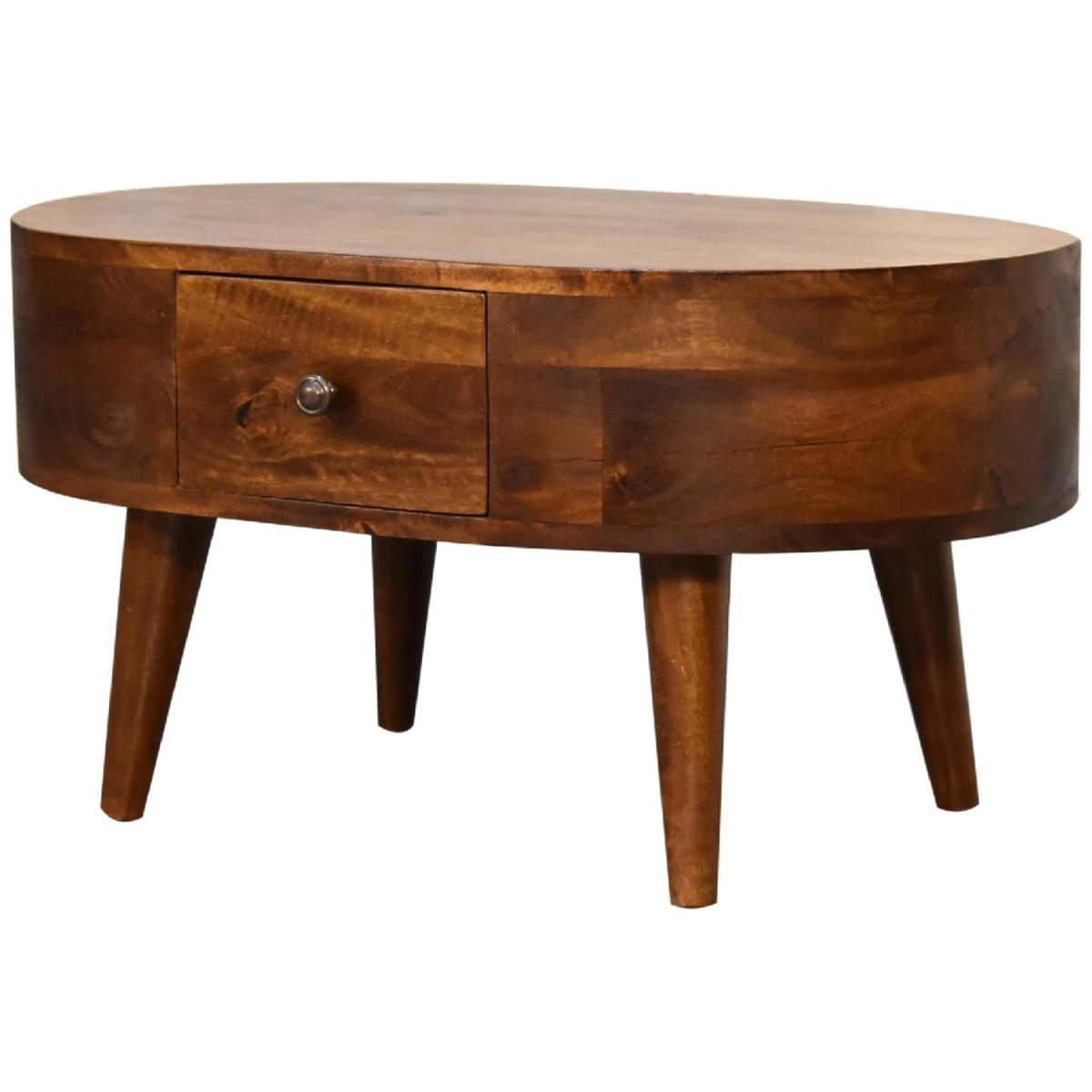 Artisan Stylish Mini Chestnut Wood Rounded Coffee Table With Drawer - Brown – image 5