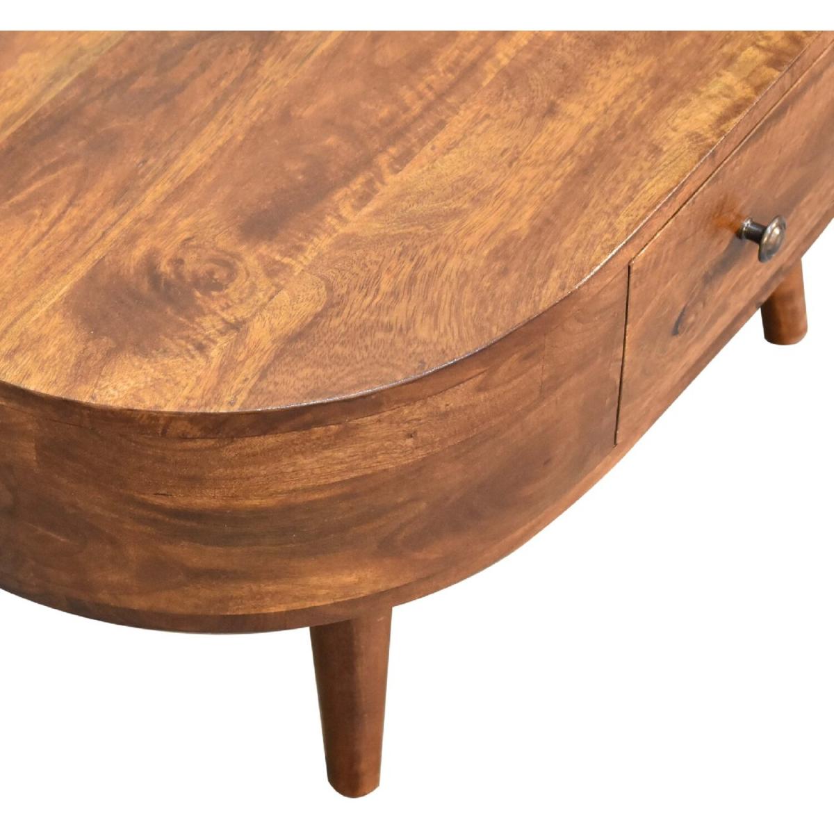 Artisan Stylish Mini Chestnut Wood Rounded Coffee Table With Drawer - Brown – image 7