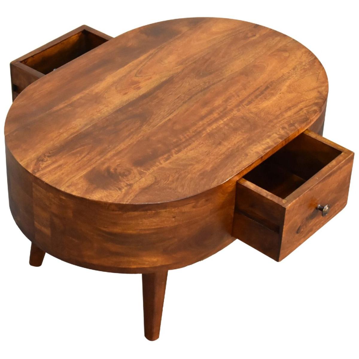 Artisan Stylish Mini Chestnut Wood Rounded Coffee Table With Drawer - Brown – image 8