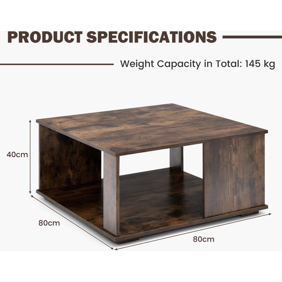 Costway 80cm Square Coffee Table-Brown - Brown – image 2