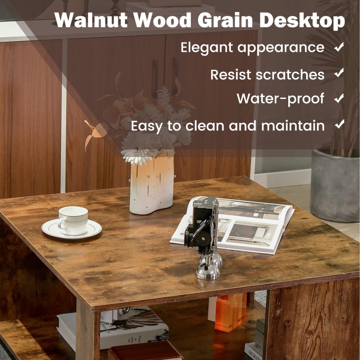 Costway 80cm Square Coffee Table-Brown - Brown – image 3