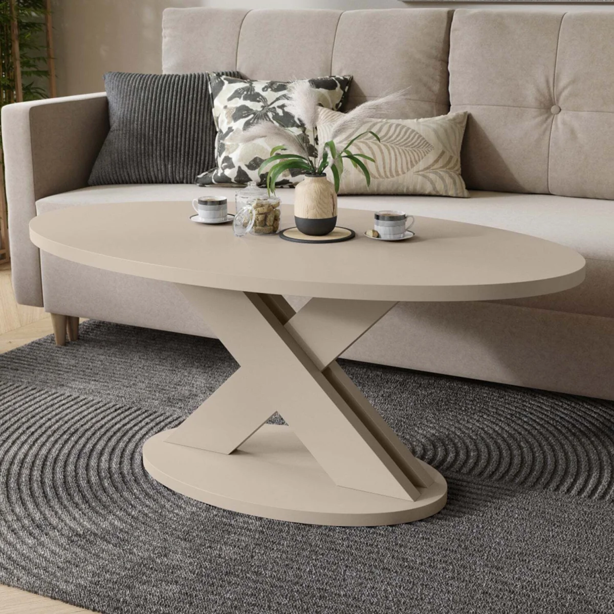 Loxa Oval Coffee Table with Crossed Pedestal Base – image 1