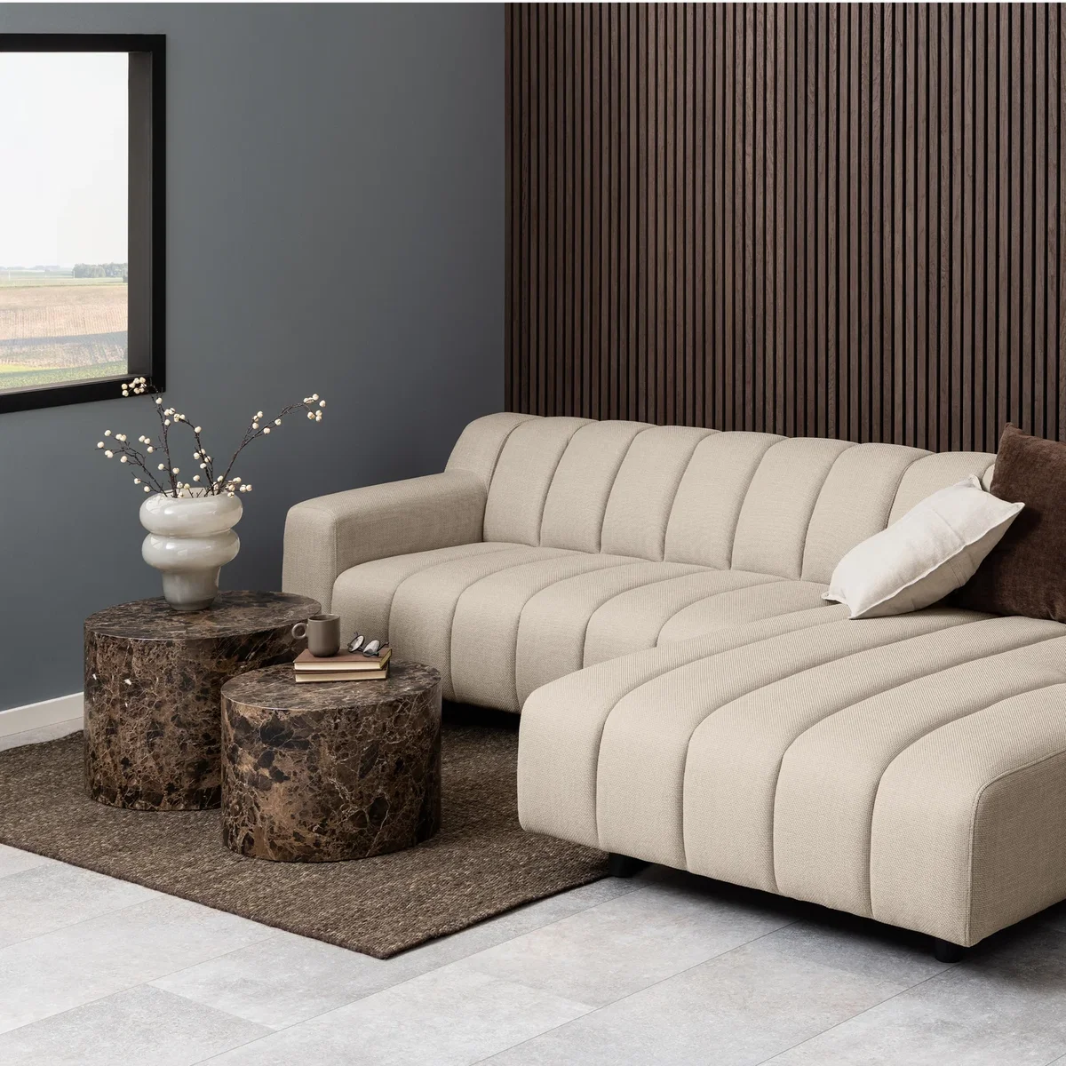 Dice Round Coffee Table Set of 2 in Brown Marble and Delhi Rough Paper - Brown – image 4