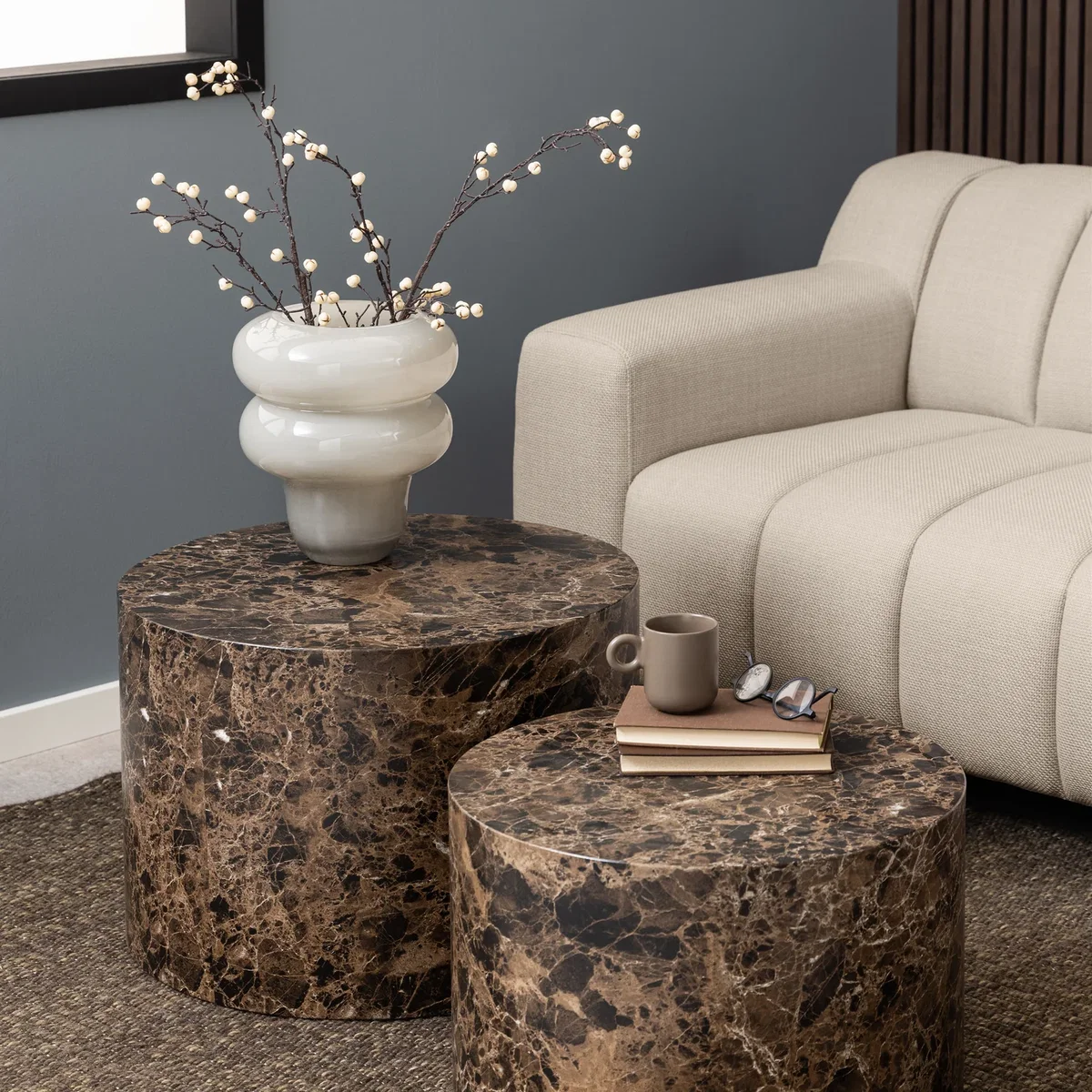 Dice Round Coffee Table Set of 2 in Brown Marble and Delhi Rough Paper - Brown – image 1