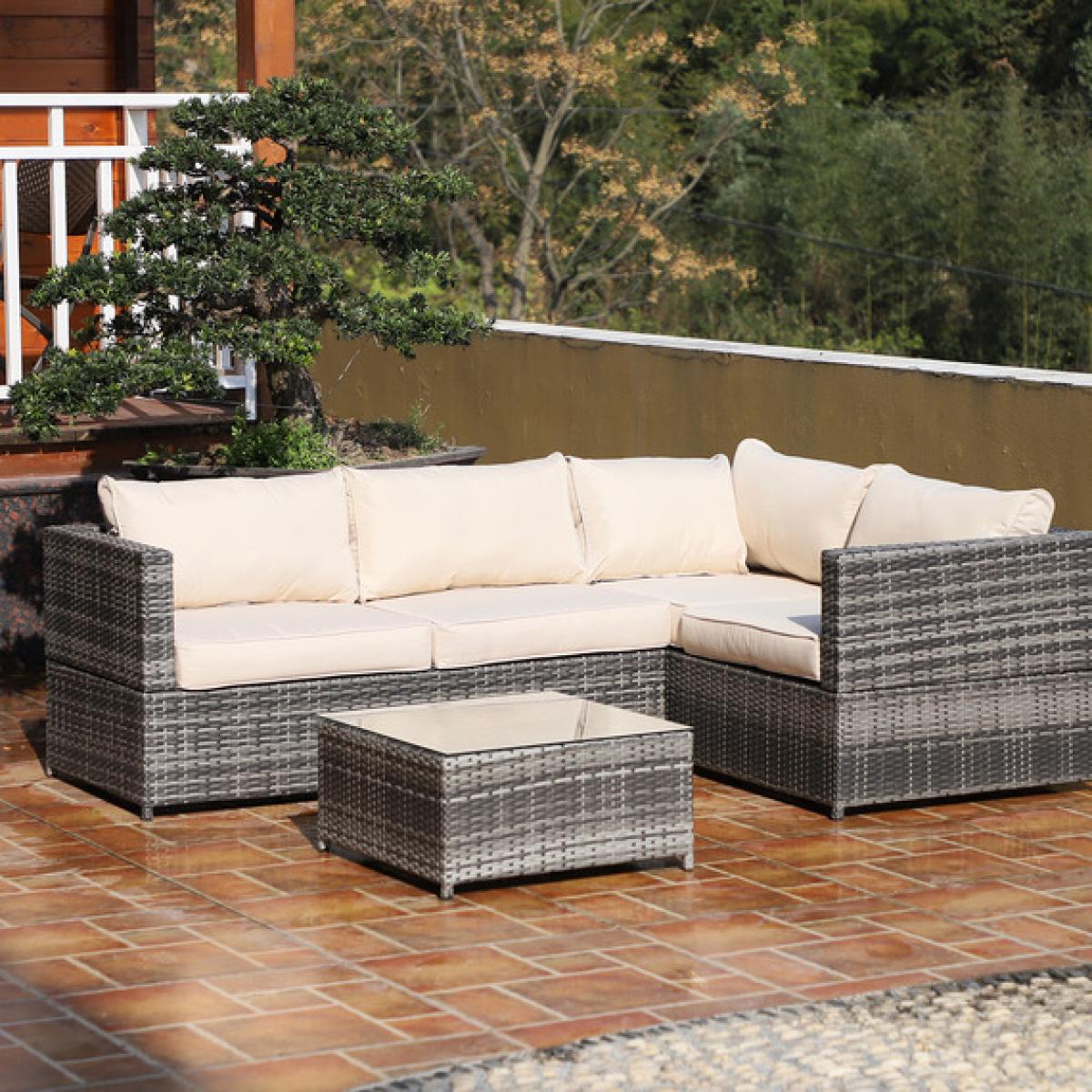 Rattan 4 Seater Patio Corner Sofa Chair Set with Coffee Table - Grey and Beige