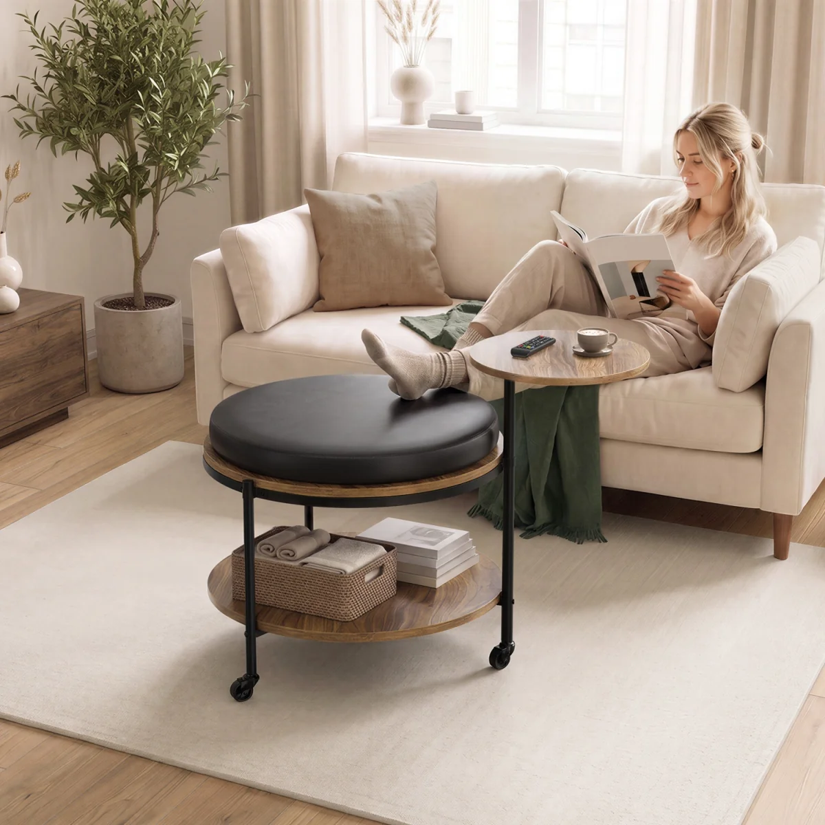 Yaheetech 2-Tier Rolling Coffee Table with Removable Cushion Top - Walnut/Black – image 2