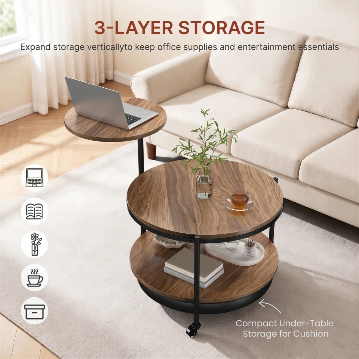 Yaheetech 2-Tier Rolling Coffee Table with Removable Cushion Top - Walnut/Black – image 5