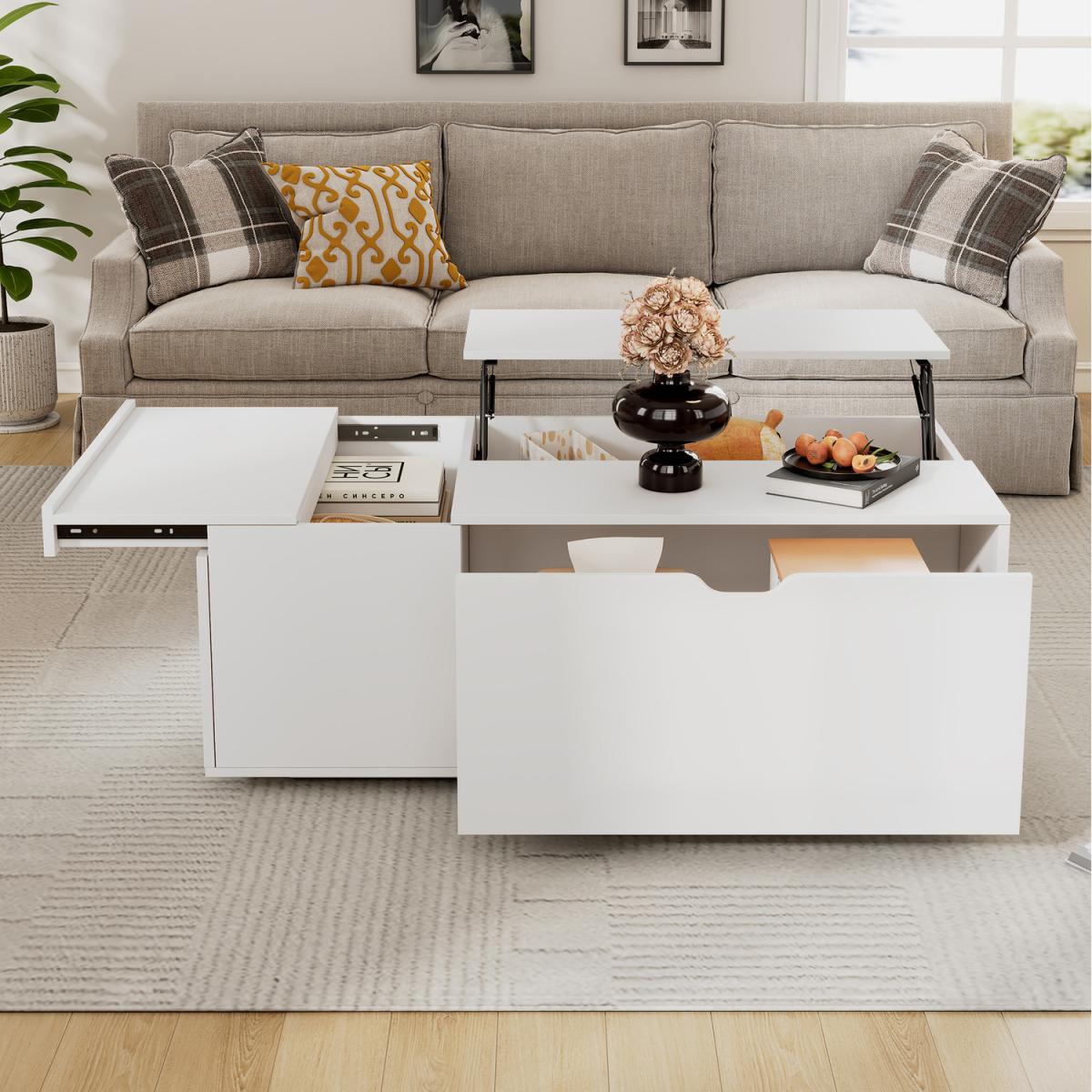 Lift Up tea Table With Drawer - White