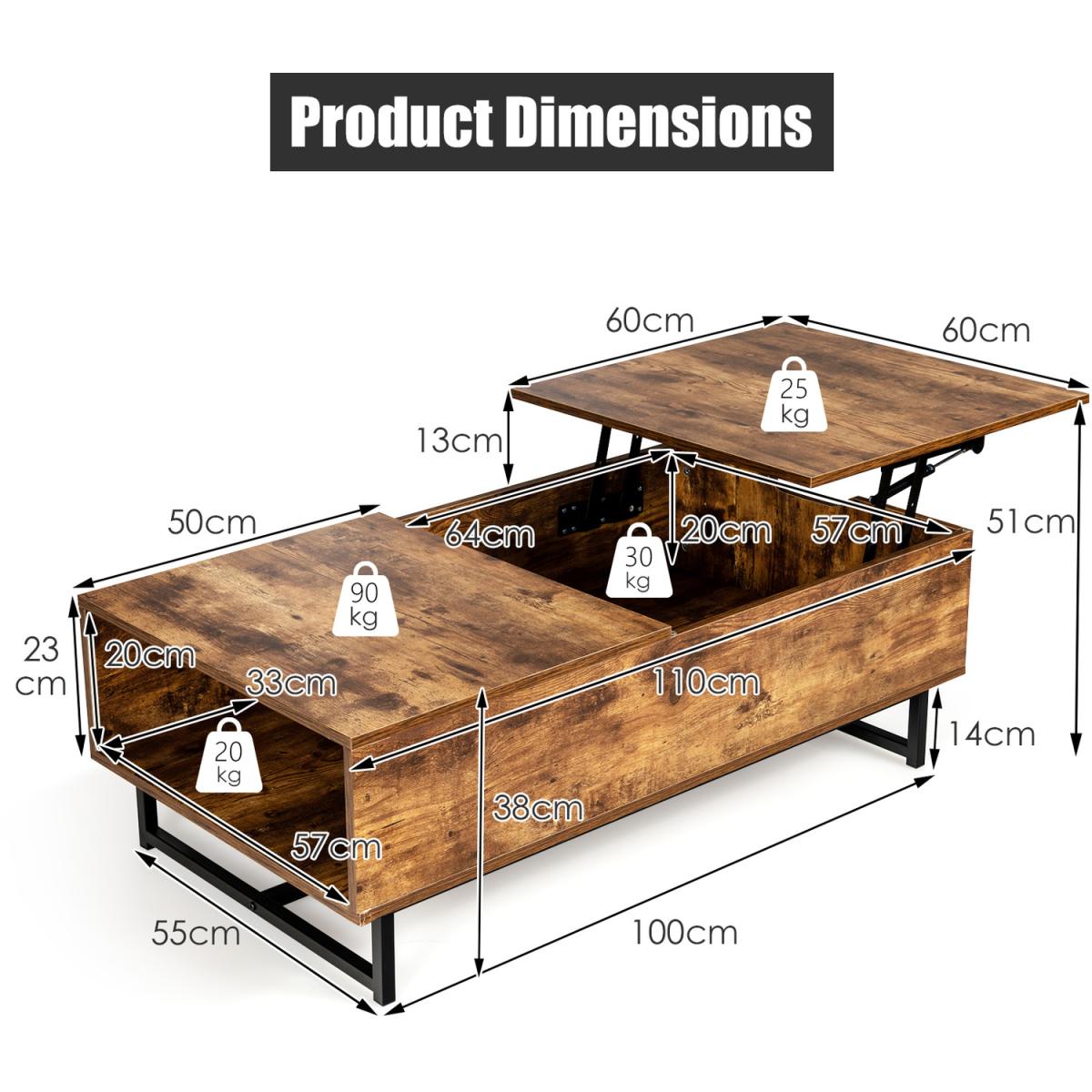 Costway 110cm Lift Top Coffee Table-Coffee -  Coffee – image 2