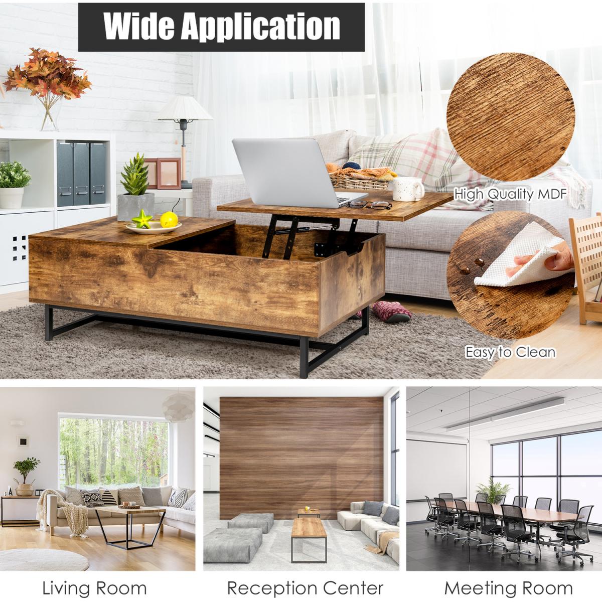 Costway 110cm Lift Top Coffee Table-Coffee -  Coffee – image 6