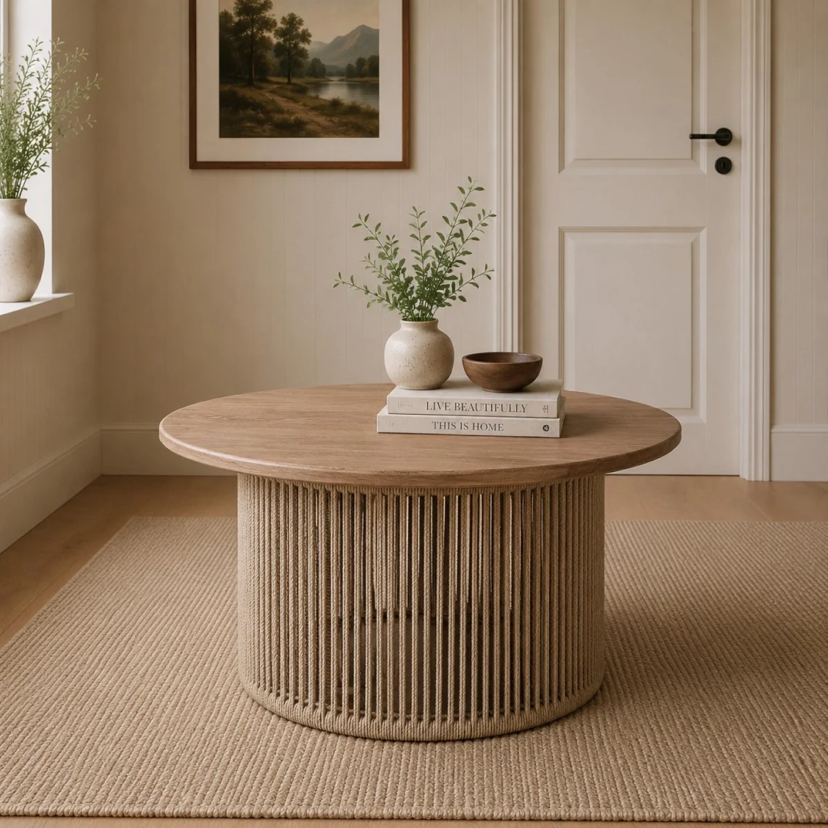 Round Rope Design Coffee Table with Solid Oak Wood Top - Natural – image 2