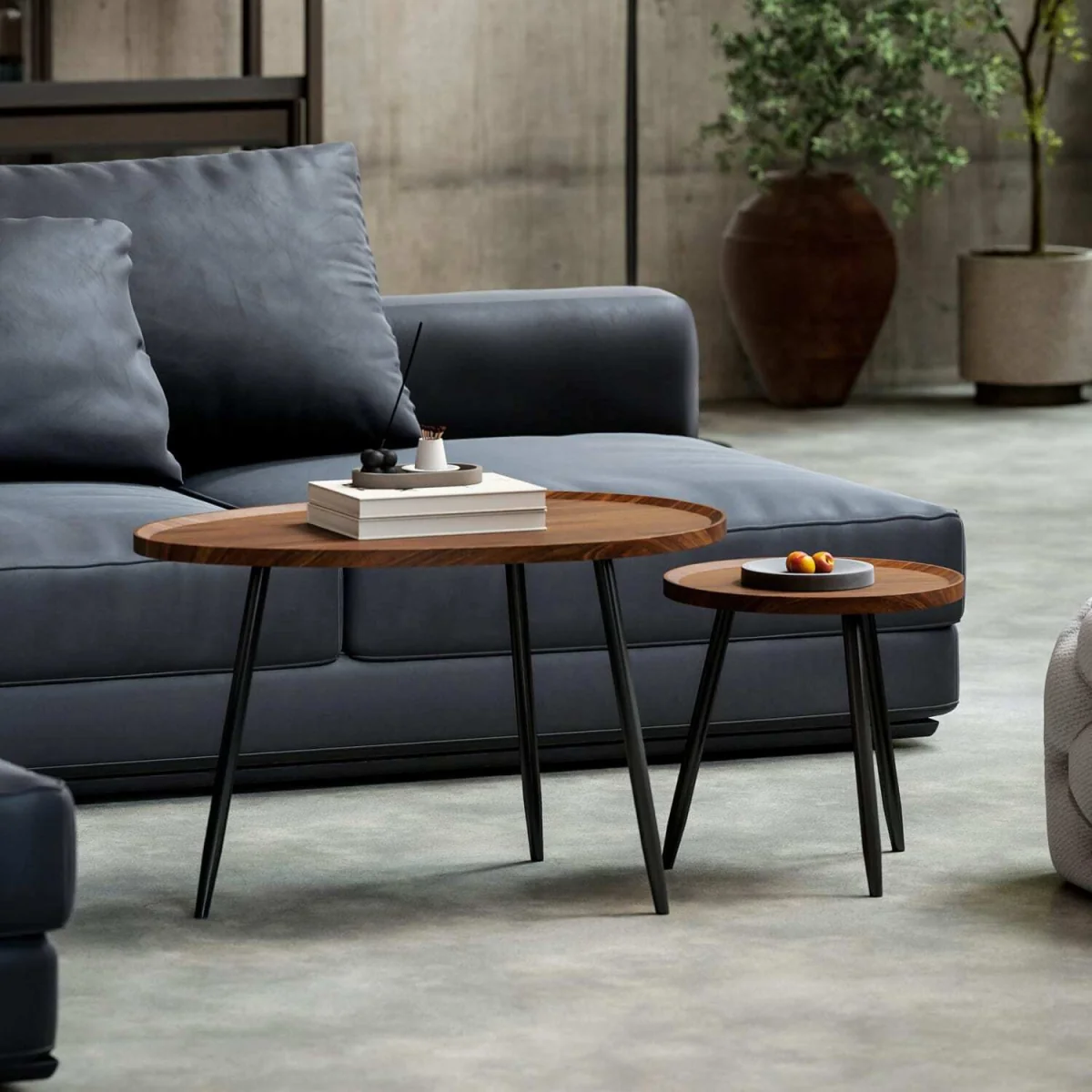 Suta Noni Set of 2 Nesting Coffee Tables, Chestnut Wood-Effect and Matte Black, 80 cm – image 4