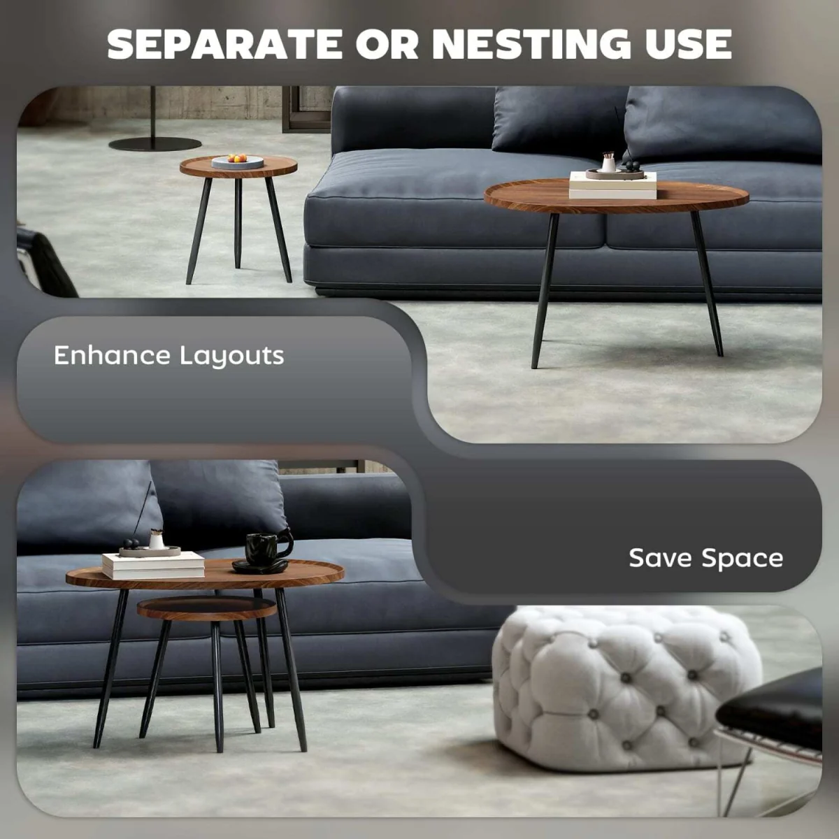 Suta Noni Set of 2 Nesting Coffee Tables, Chestnut Wood-Effect and Matte Black, 80 cm – image 5