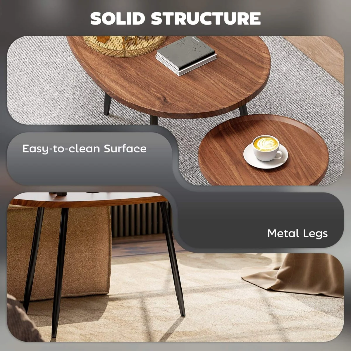 Suta Noni Set of 2 Nesting Coffee Tables, Chestnut Wood-Effect and Matte Black, 80 cm – image 6