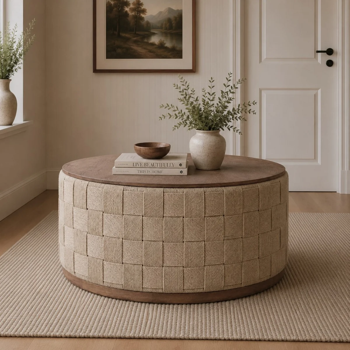 Round Woven Rope Coffee Table with Solid Oak Wood Top - Natural – image 2