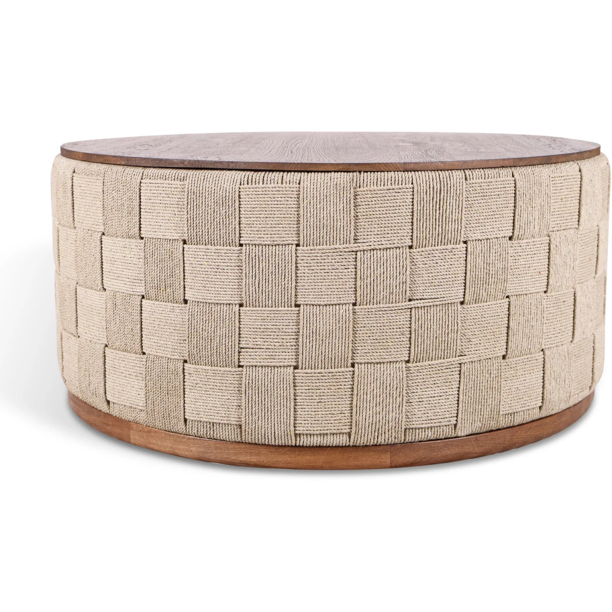 Round Woven Rope Coffee Table with Solid Oak Wood Top - Natural – image 3
