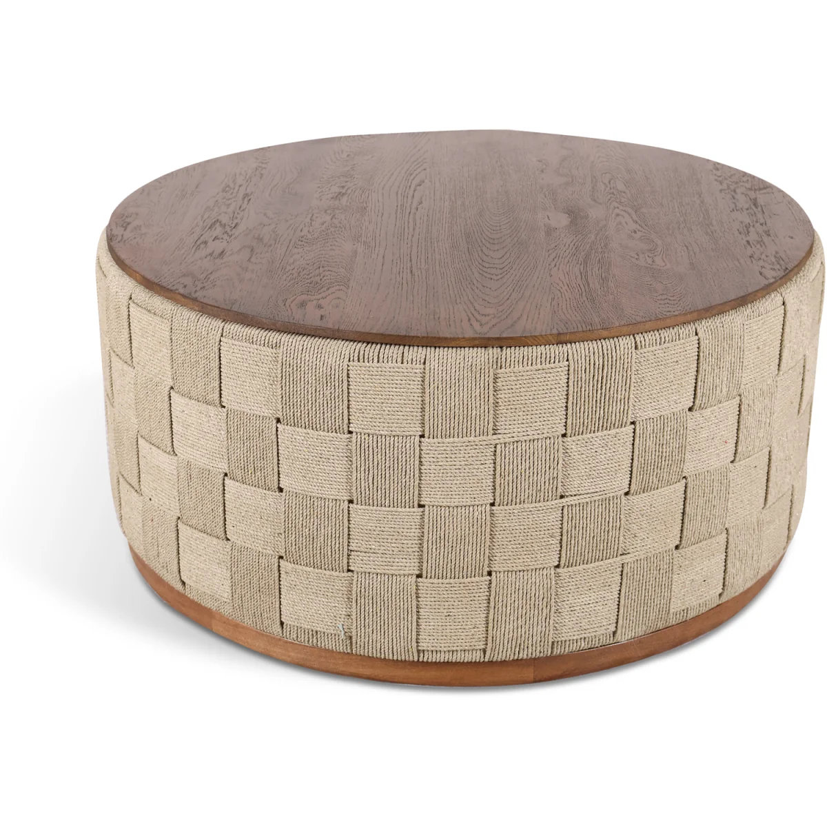 Round Woven Rope Coffee Table with Solid Oak Wood Top - Natural – image 4