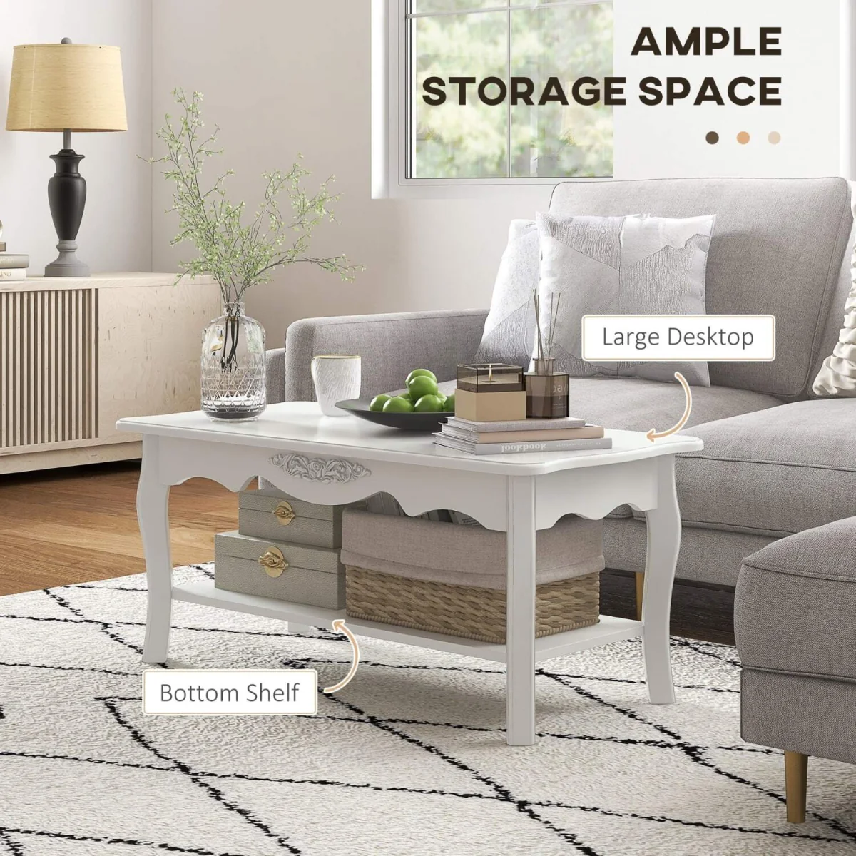 Noketa Wooden White Rectangular Mid Century Coffee Table With Storage Shelf – image 4