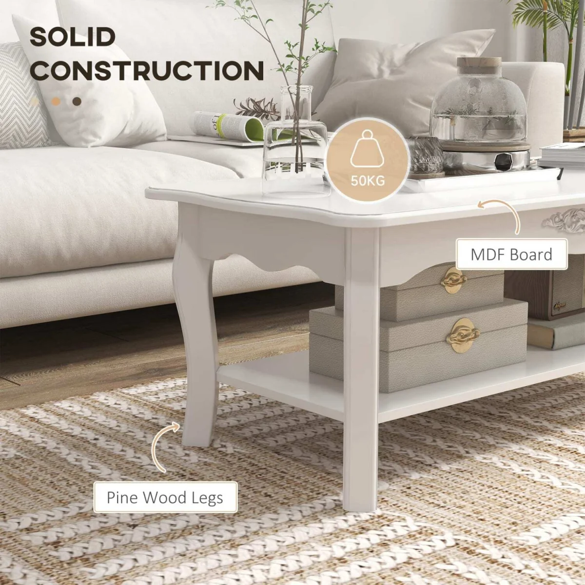 Noketa Wooden White Rectangular Mid Century Coffee Table With Storage Shelf – image 5