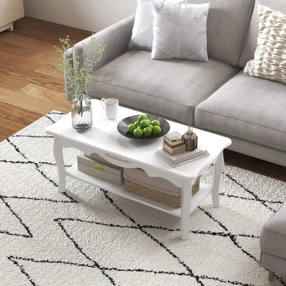 Noketa Wooden White Rectangular Mid Century Coffee Table With Storage Shelf – image 7