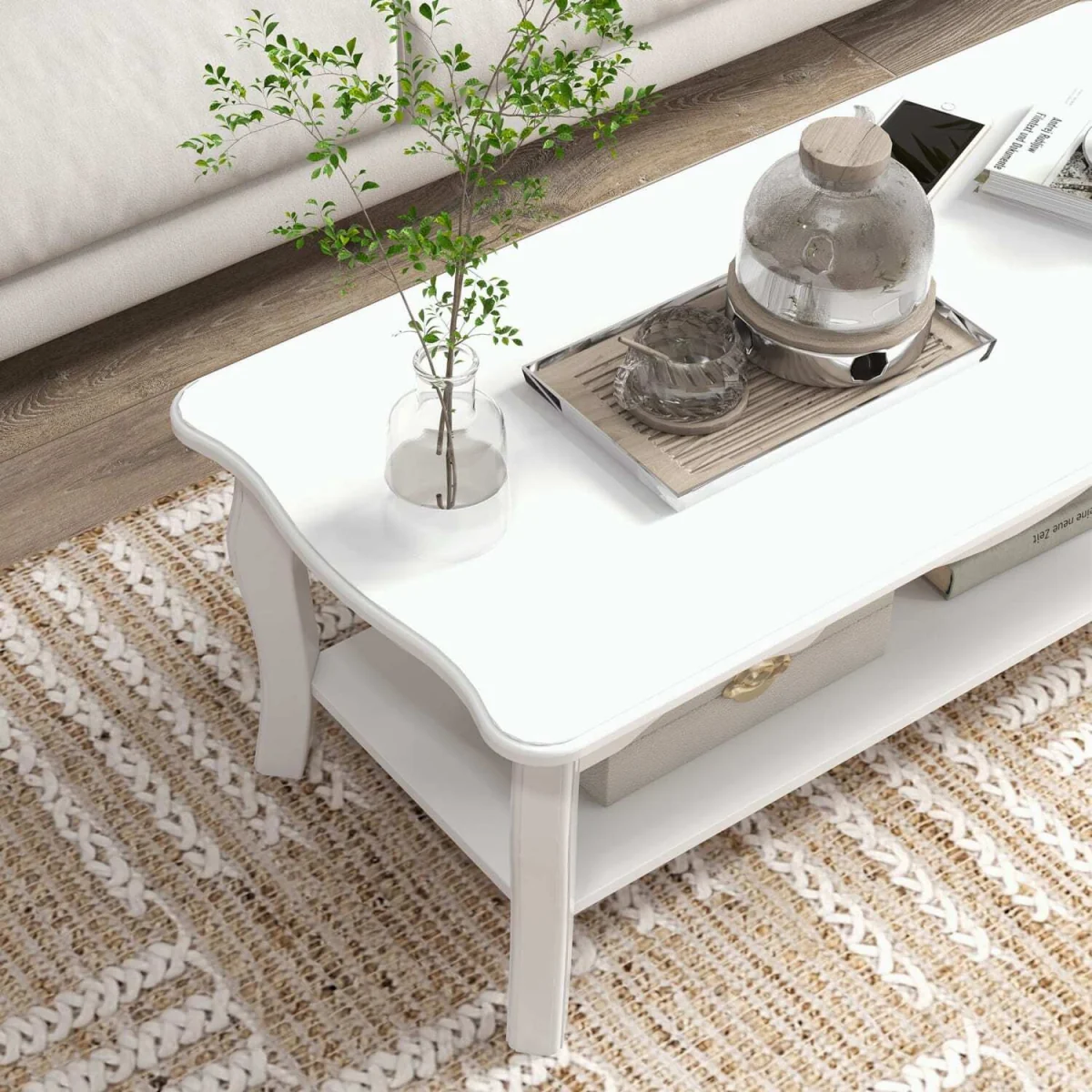 Noketa Wooden White Rectangular Mid Century Coffee Table With Storage Shelf – image 9