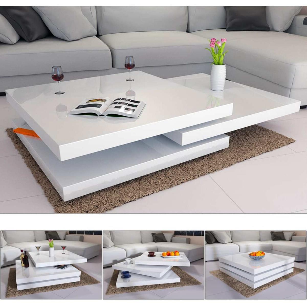 High Gloss White Coffee Table with Rotating Layers - White Gloss – image 2