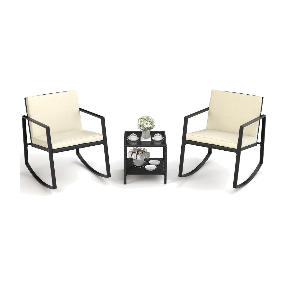 3 Piece Rocking Wicker Bistro Set with Porch Chairs and Glass Coffee Table - Black
