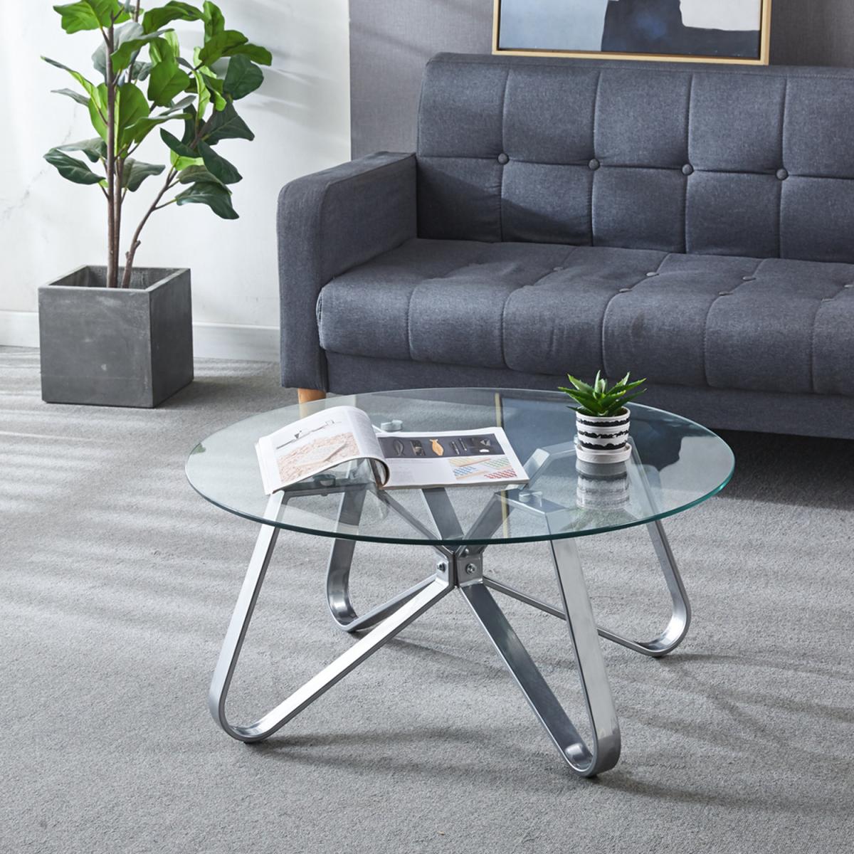 Round Sofa Side Coffe Table With Clear Tempered Glass Angled Legs - Silvery – image 6