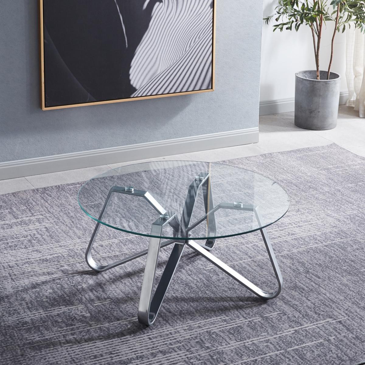 Round Sofa Side Coffe Table With Clear Tempered Glass Angled Legs - Silvery – image 1
