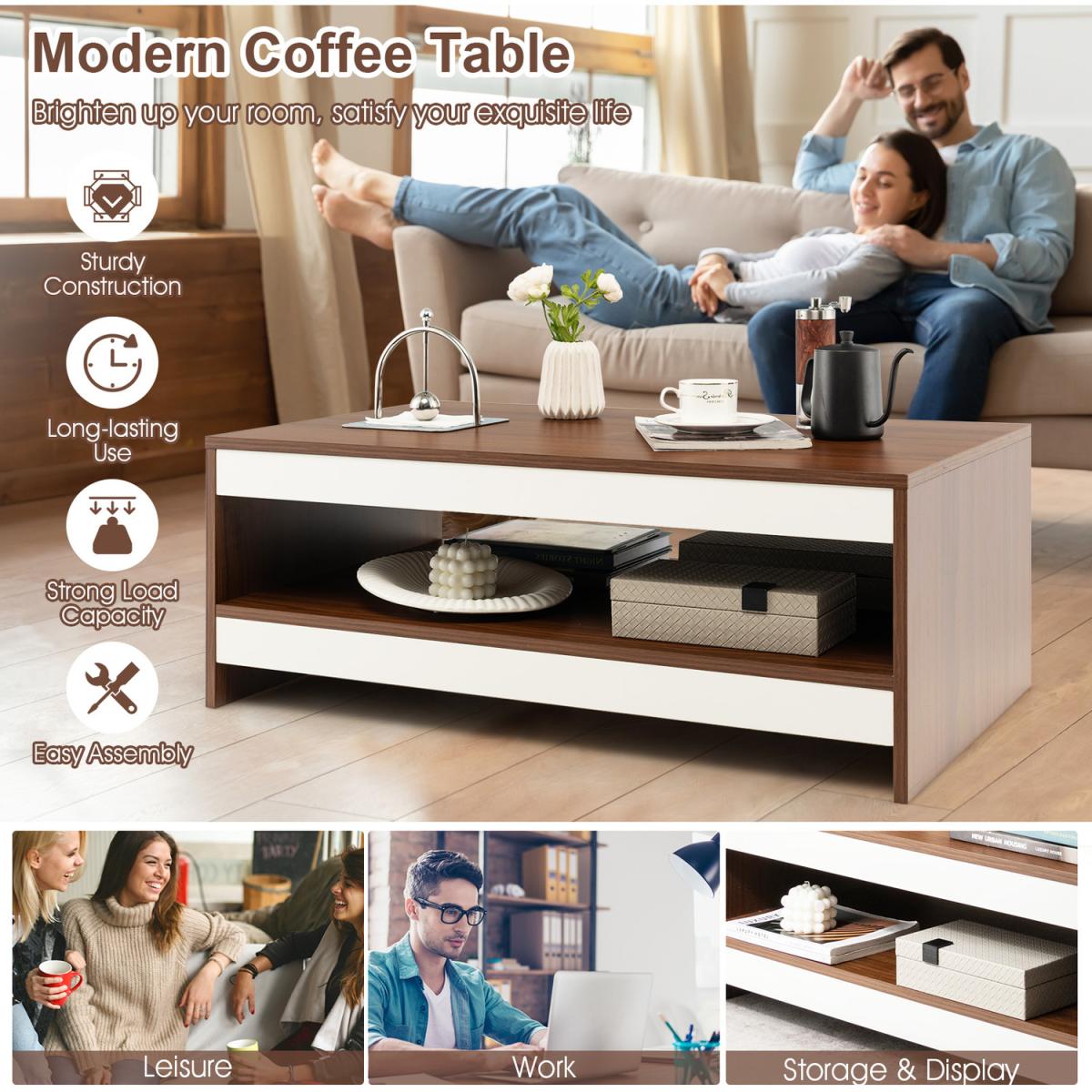 Costway Two Tier Coffee Table-Walnut - Walnut – image 5