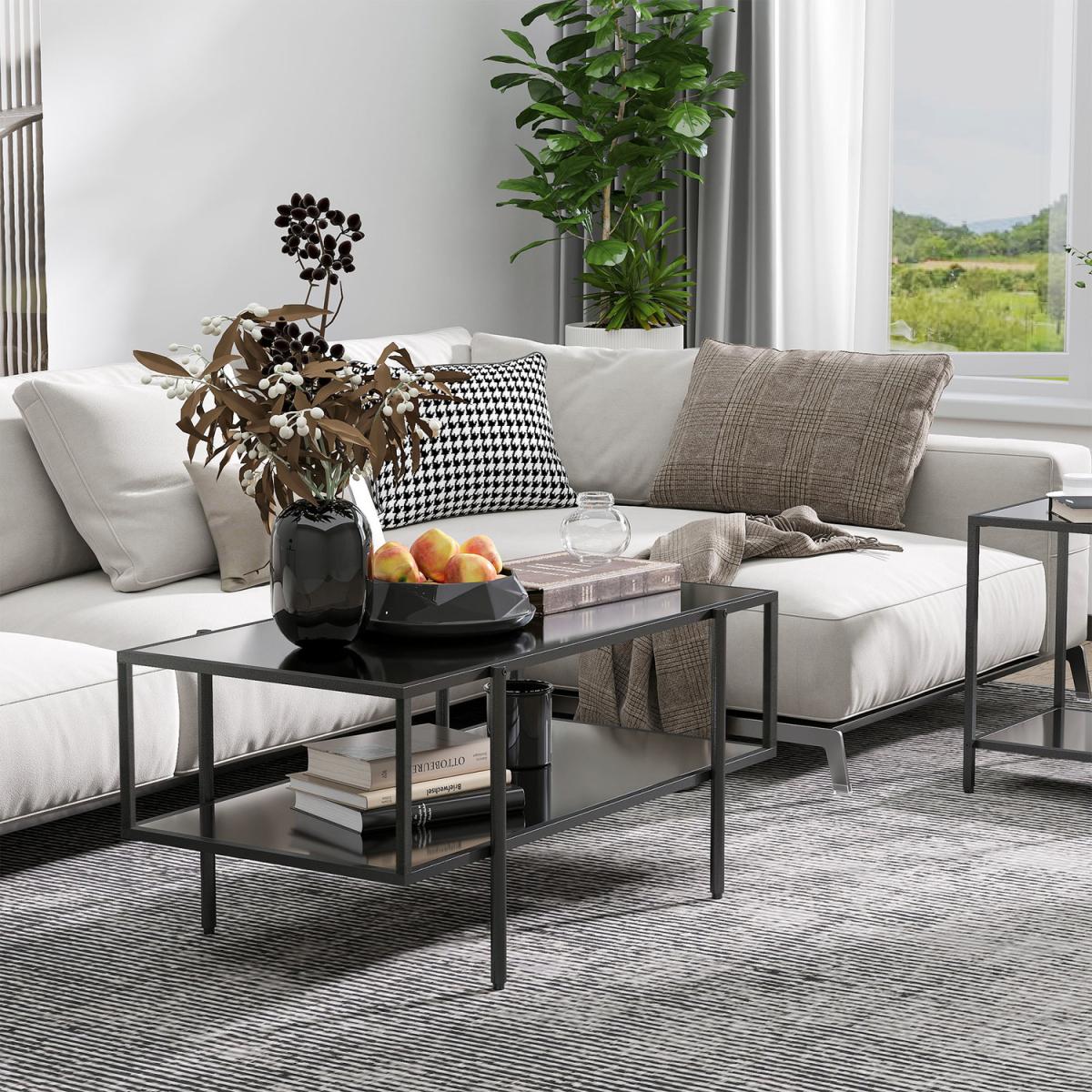 Coffee Table with Tempered Glass Top, 2-Tier Storage - Black – image 2