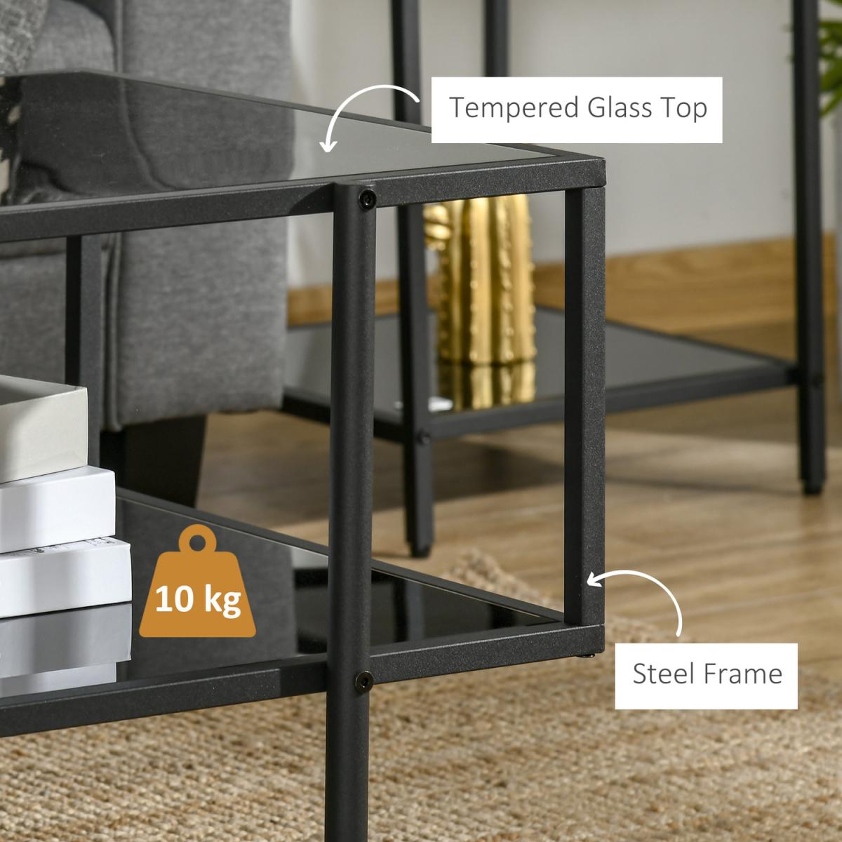 Coffee Table with Tempered Glass Top, 2-Tier Storage - Black – image 4