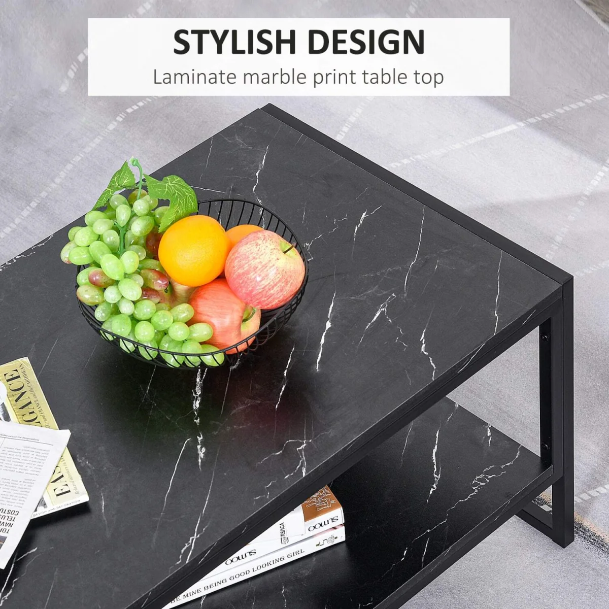 Minaba Black 2-Tier Marble Effect Coffee Table with Bottom Shelf – image 2